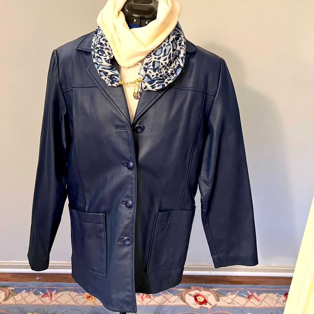 Terry Lewis Genuine leather navy blue button front jacket- blazer Size M